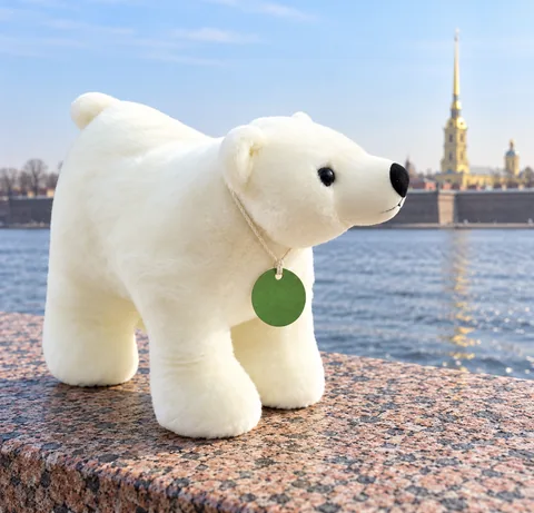 Плюшевый белый медведь с зелёной биркой